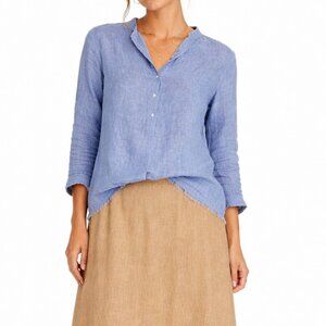 Finley 100% Linen Blue popover Top Raw Hem Lightweight Summer Size Small